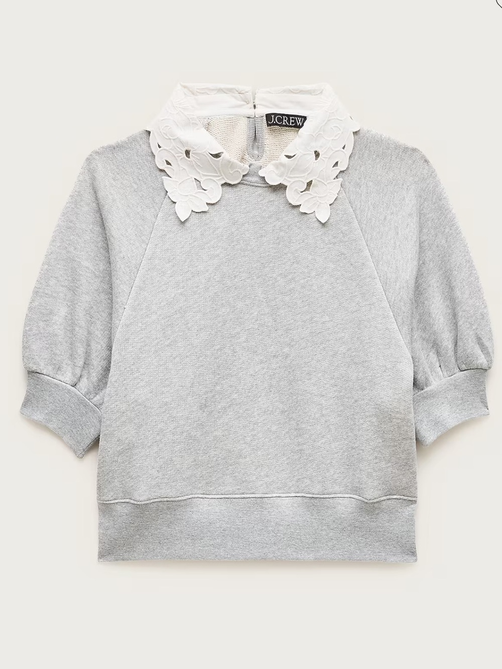 J. Crew Light Gray Puff-Sleeve Sweatshirt with White Floral Collar - Picture 2 of 16